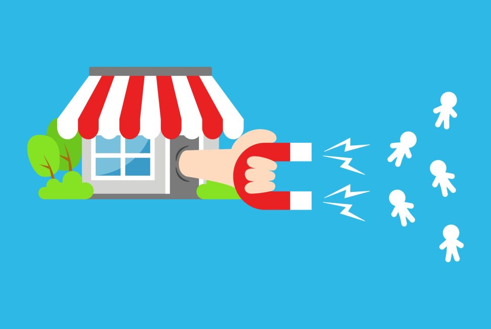 Shop or store marketing magnet attract many visitor and buyer with horse shoe magnet illustration