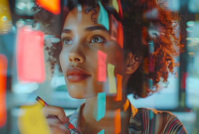 A woman thoughtfully examines a collection of colorful sticky notes, brainstorming ideas and organizing her thoughts in a creative workspace.